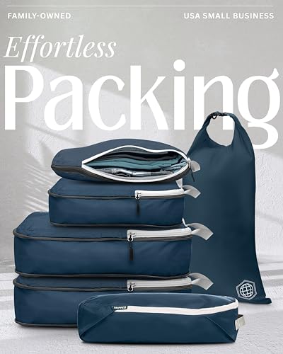 TRIPPED Travel Gear Compression Packing Cubes for Carry-On Travel 6-Pack - color: Nautical Navy (Navy Blue and White), size: 6 Piece