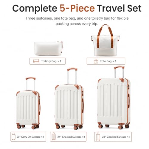 YOETEY 5-Piece Hardshell Luggage Sets, 20/24/28 Inch, White Brown - color: White
