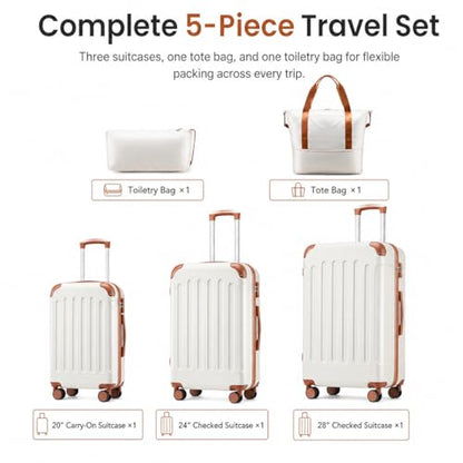 YOETEY 5-Piece Hardshell Luggage Sets, 20/24/28 Inch, White Brown - color: White