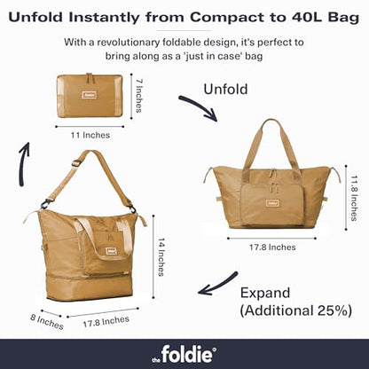 The Foldie Foldable Travel Bag for Women - 40L Weekender Bag with Multiple Pockets - Carry On Expendable Travel Bag - color: Cognac