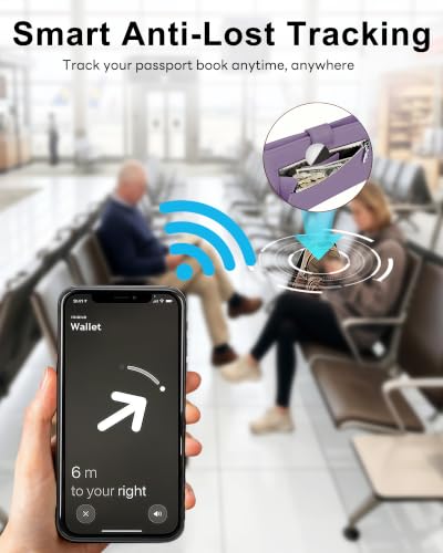 RFID Passport Holder with Tracker Slot, Leather Travel Wallet - color: Purple