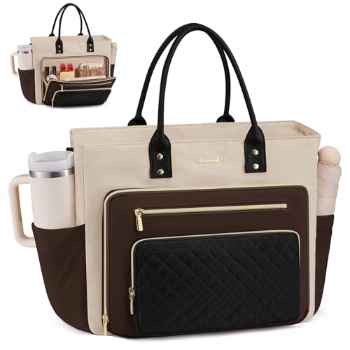 LOVEVOOK Laptop Tote Bag for Women With Large Cup Holder, Work Bags Teacher Nurse Bag, 15.6 Inch Professional Briefcase Business Travel Large Purses Handbag Gifts, Diaper Bag With Multi-Pockets - color: Coffee-apricot-black, size: 15.6 Inch