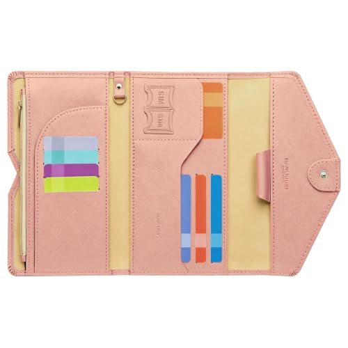 Passport Holder Travel Wallet Organizer for Women,Carnation Pink | RFID secure, 6 card slots, 24 sim pockets, passport holder with zip-around wallet, slim fit for women travelers. - color: Carnation Pink