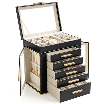 Homeanda Jewelry Boxes with Glass Lid, 6-Layer Large PU Leather, Black - color: Black, size: 6 Layer