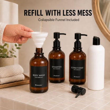 Amber Shampoo and Conditioner Dispenser Set of 3, Black Smooth Pump - color: Amber
