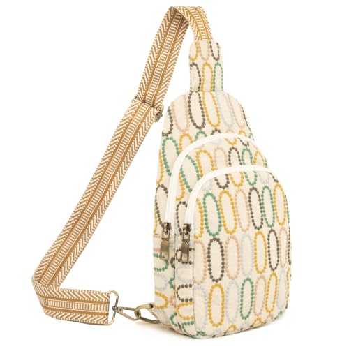 SILKAREA Canvas Sling Bag for Wome Crossbody Purse Small Sling Backpack Purse Travel Hiking Chest Bag Daypack - color: Embroidered Beige