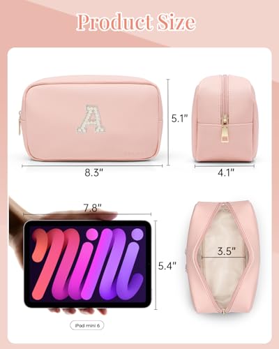 VLANDO Travel Cosmetic Pouch with Pearl Monogram Patch,Pink A - color: 03-Pink-A