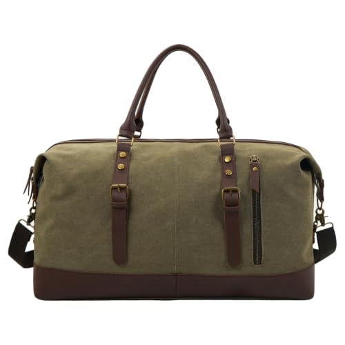 55L Canvas Duffle Bag for Men, Carry On Travel Weekender Overnight Bag - color: Green