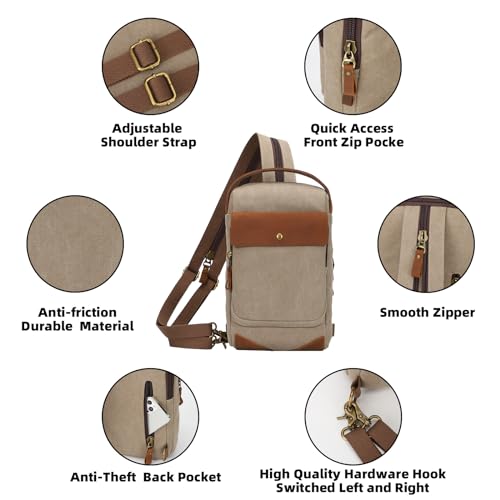 KL928 Canvas Sling Bag for Men Women, Casual Crossbody Backpack Travel Shoulder Daypacks Rucksack - color: Khaki