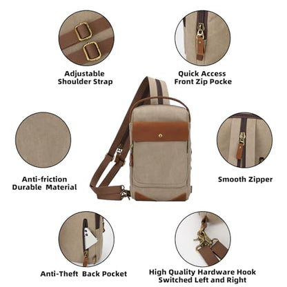 KL928 Canvas Sling Bag for Men Women, Casual Crossbody Backpack Travel Shoulder Daypacks Rucksack - color: Khaki