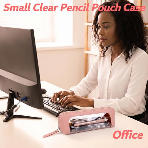 9" Clear Makeup Brush Bag, Small Pink Pencil Case, Slim Purse Pouch - color: Pink