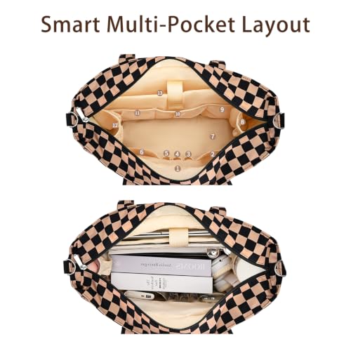 oscaurt Work Tote Bag for Women, 19 Pockets Laptop Tote, Large Teacher Tote - color: Khaki Checkered