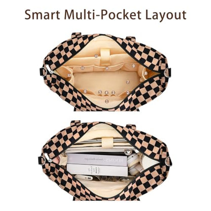 oscaurt Work Tote Bag for Women, 19 Pockets Laptop Tote, Large Teacher Tote - color: Khaki Checkered