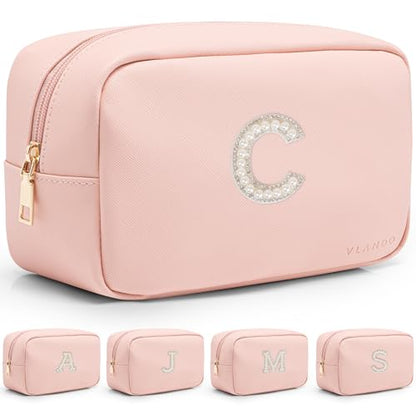 VLANDO Cosmetic Travel Bag with Pearl Monogram Patch,Pink C - color: 03-Pink-C