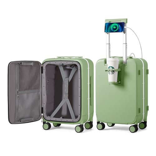 mixi Carry On Luggage with Cup Phone Holder and Charger Hard Shell Suitcases with Spinner Wheels, 20 Inch Avocado Green - color: Avocado green, size: 20-inch