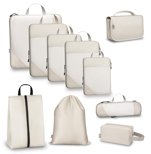 Compression Travel Packing Cubes with White Mesh, Apricot, 10Pcs - color: Apricot, size: Set of 10