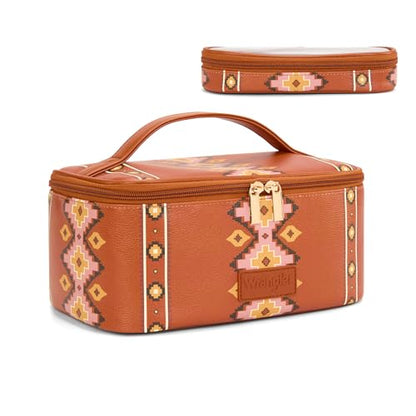 Wrangler Travel Makeup Bag 2pcs Set Cosmetic Bag with Makeup Brush Holder - color: Aztec-Brown