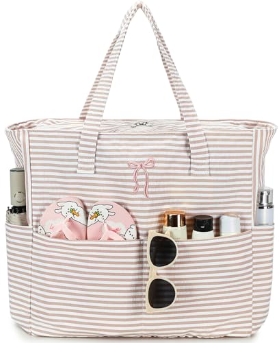 Bluboon Beach Bags for Women, Large Waterproof Tote Bag With Wet Compartment for Pool Weekender Travel Gym - color: Brown Striped Bow