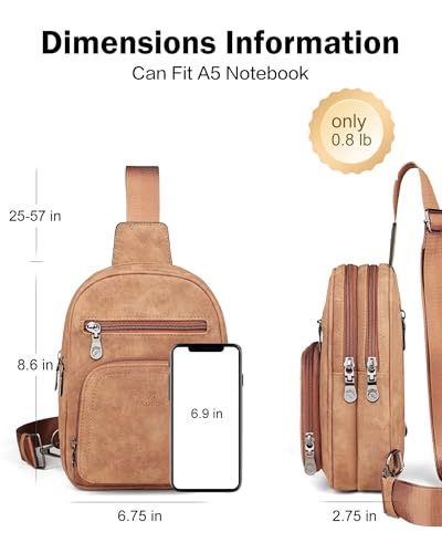 FADEON Sling Bags for Women Crossbody Bag, Designer PU Leather Sling Purse - color: Camel Brown Nubuck Style, size: Small