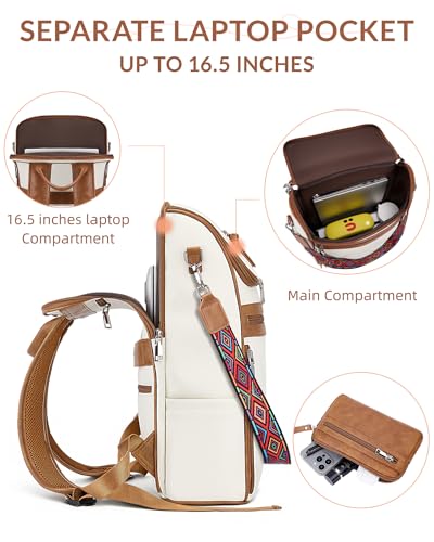 SYTRAH Leather Laptop Backpack for Women 16.5 inch Computer Packs Beige - color: Beige Brown