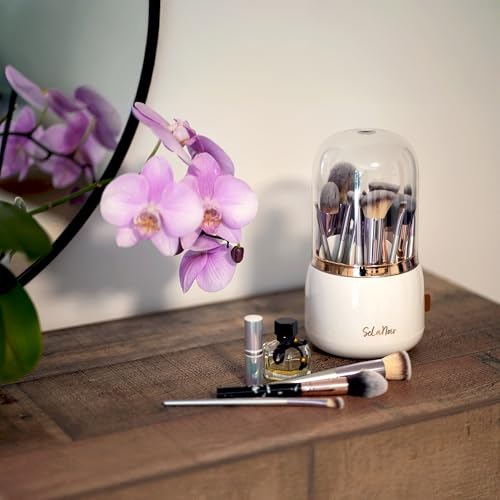 Rotating Makeup Brush Holder with Lid Dustproof Vanity Organizer for Makeup Brushes, Bonus Foldable Makeup Brush Cleaner Bowl Included - color: White