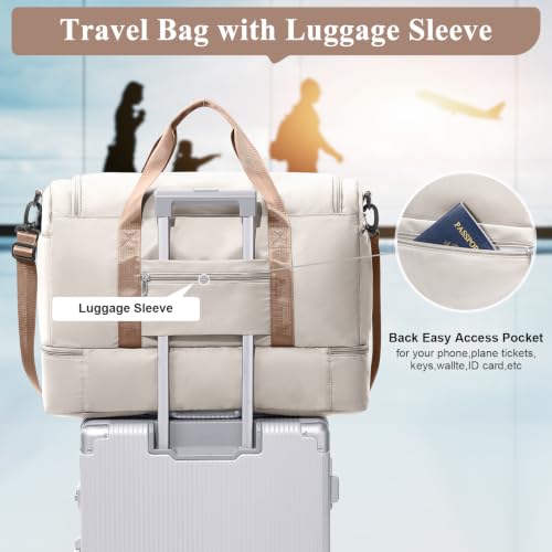 Small Travel Duffle Bag with Shoe Compartment, 35L Personal Item Bag - color: A-Beige & Brown, size: Small