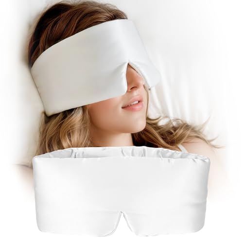 Silk Sleep Mask for Women and Men, Side Sleeper, 22 Momme Pure Mulberry Silk Total Blackout 100% Mulberry Eye Mask with Adjustable Headband Full Size, Eye Masks for Sleeping and Travel - color: White