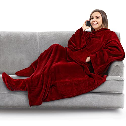 PAVILIA Fleece Blanket with Sleeves, Foot Pockets for Women Men, Dark Red - color: Wine, size: Fleece