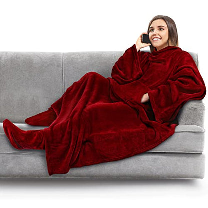 PAVILIA Fleece Blanket with Sleeves, Foot Pockets for Women Men, Dark Red - color: Wine, size: Fleece