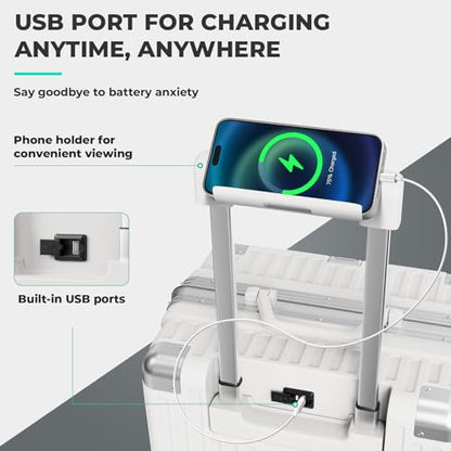 컵 홀더 및 듀얼 USB 포트가 있는 지퍼 없는 휴대용 수하물, 항공사 승인 하드 쉘 슈트케이스, TSA 잠금 장치, 화이트. - color: 화이트., size: 28 Inch