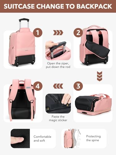 Rolling Backpack for Women, Large Travel Backpack with Wheels - color: Pink, size: M (Underseat)