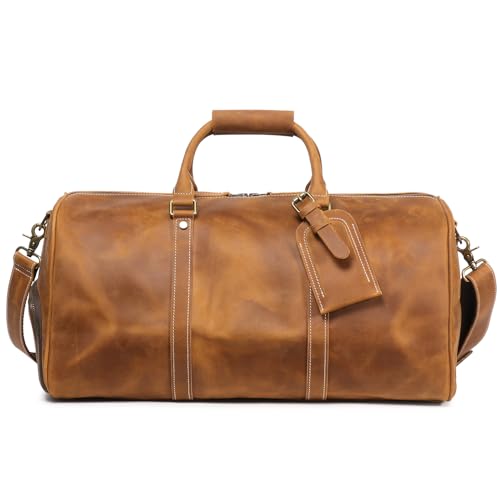 Mens Leather Weekend Bag Classic Leather Travel Duffel Bags YKK Zipper with Shoes Compartment Sports Vintage Travel Luggage Overnight Carry On Bags (Vintage Brown, 20 Inch) - color: Vintage Brown, size: 20 Inch