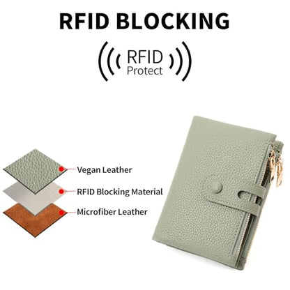 FALAN MULE Small Wallet for Women Leather RFID Blocking Wristlet Bifold Card Holder with Double Zipper Pockets - color: R-Light green