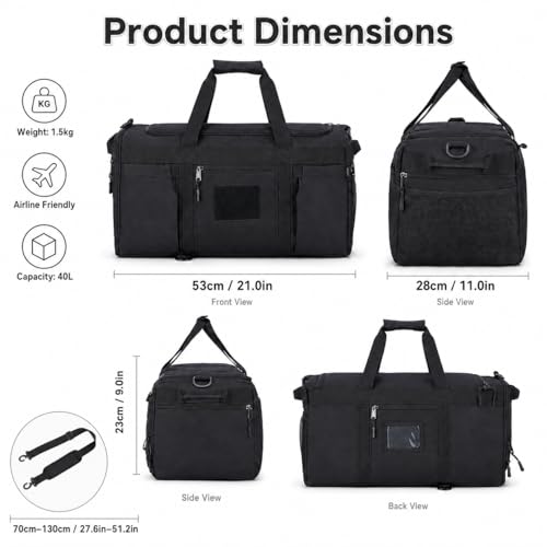 Sports Duffel Bag with Shoe Compartment, Tactical MOLLE Gym Bag for Men 45L - color: black