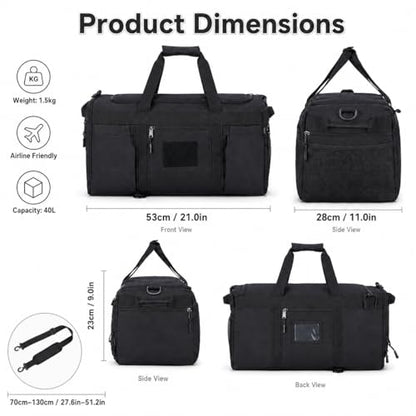 Sports Duffel Bag with Shoe Compartment, Tactical MOLLE Gym Bag for Men 45L - color: black