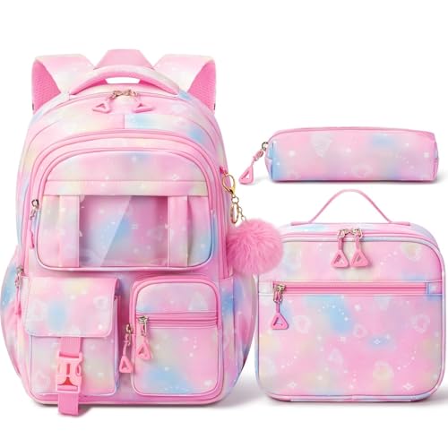 Fimibuke Kids Backpack for School Girls, Waterproof Backpack w/Lunch Box - color: A1.Diamond Pink