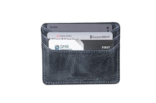grande 3633 Genuine Leather Card Holder For Women and Men Super Slim Minimalist Small Snap Wallet (Rustic Blue) - color: Rustic Blue