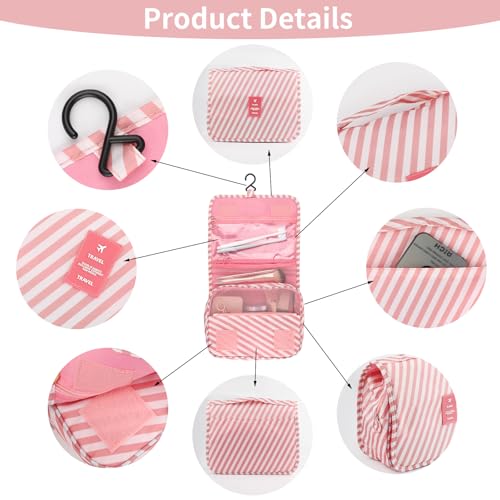 Hanging Toiletry Bag Travel Waterproof Makeup Organizer(Pink Stripe) - color: Pink Stripe