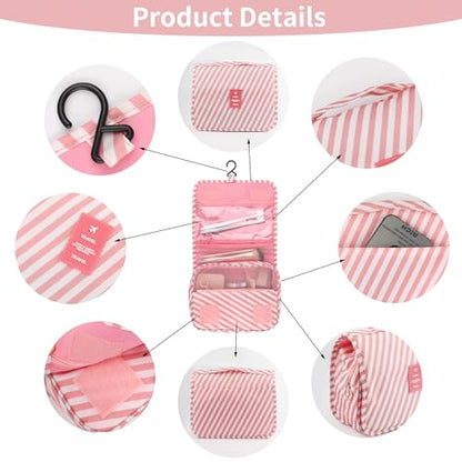 Hanging Toiletry Bag Travel Waterproof Makeup Organizer(Pink Stripe) - color: Pink Stripe