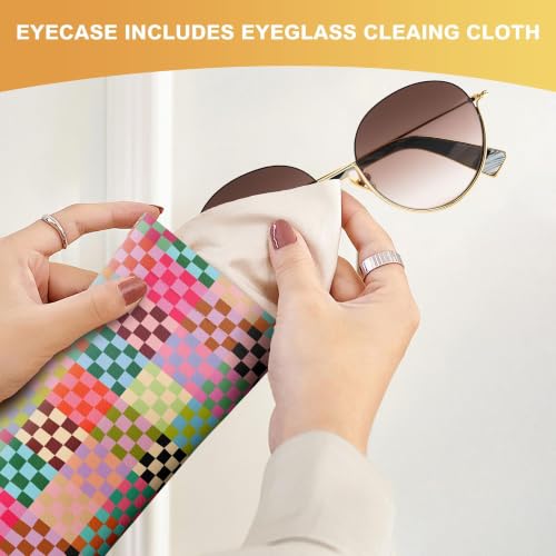 Soft Sunglasses Case for Women, PU Leather Squeeze Top Glasses Case - color: 8-colorful Checkered(2pcs)