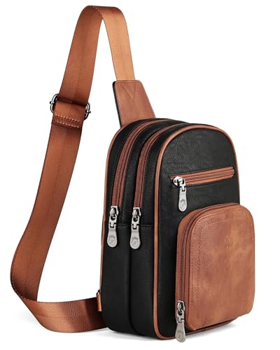 FADEON Sling Bags for Women Crossbody Bag, Designer PU Leather Sling Purse - color: Retro Black With Brown, size: Small