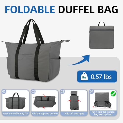Uarition 50L Foldable Duffle Bag, Lightweight Travel Duffel Bag with Tear Resistant for Men Women, gray