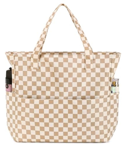 Bluboon Waterproof Beach Tote Pool Bags for Women Ladies Extra Large Carry On Bag With Wet Compartment for Weekender Travel - color: A Checked Brown White
