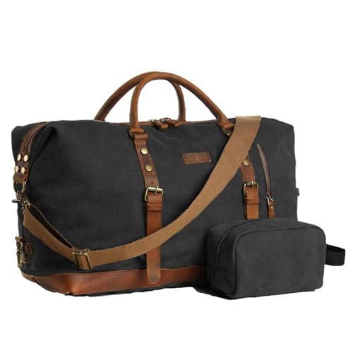 Duffle Bag for Men Travel Leather Canvas Weekender Bag Overnight Bag with Toiletry Bag (Black) - color: Black