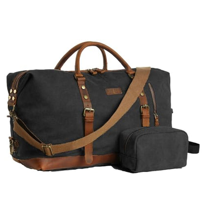 Duffle Bag for Men Travel Leather Canvas Weekender Bag Overnight Bag with Toiletry Bag (Black) - color: Black