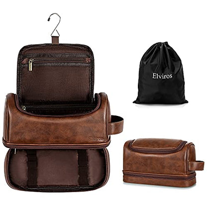 Elviros Toiletry Bag for Men PU Leather Shaving Dopp Kit (Dark Brown) - color: Dark Brown, size: Large (Pack of 1)
