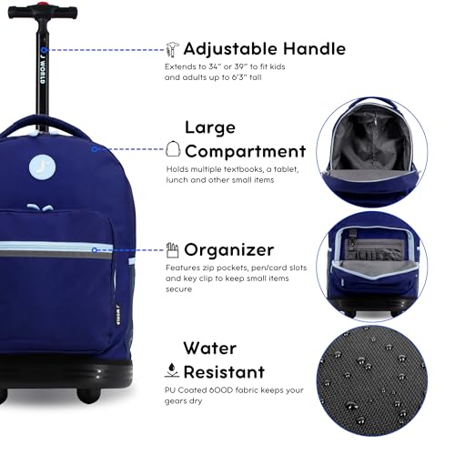 J World Sunrise Kids Rolling Backpack with Wheels for Girls Boys, Roller Bookbag for School, 18 x 13 x 9 Inches, Navy - color: Navy