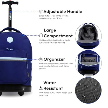 J World Sunrise Kids Rolling Backpack with Wheels for Girls Boys, Roller Bookbag for School, 18 x 13 x 9 Inches, Navy - color: Navy