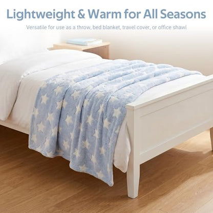 Light Blue Star Print Fleece Throw Blanket, 62x39 Inch Soft Fluffy Plush Blanket, Lightweight Cozy Blanket for Bed, Couch, Sofa, Travel, Home Decor, Gift