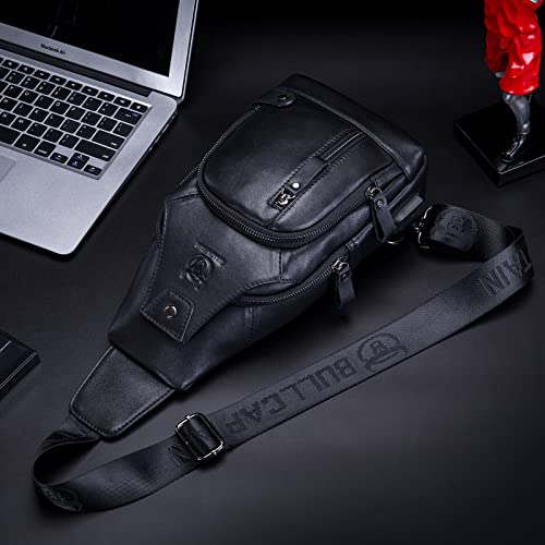 BULLCAPTAIN Genuine Leather Sling Bag for Men XB-129 | USB Charging Port, Multi-pocket, Chest Bag, Hiking Travel Daypack - color: Magic Black